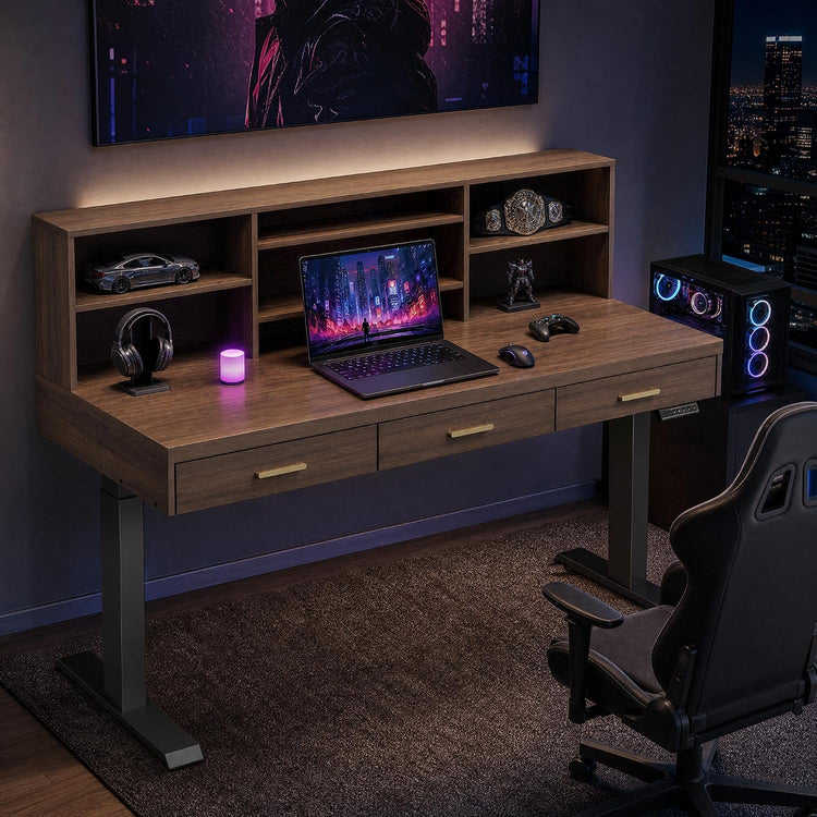 A dark wood desk with three drawers and a shelf hutch holds a laptop, headphones, a game controller, and small displays; a gaming PC and chair sit beside it.