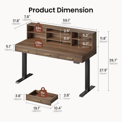 Diagram showing a desk with a raised shelf, three drawers, and a separate drawer, annotated with dimensions and weight limits.
