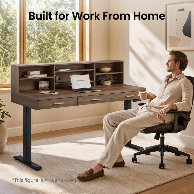 A man seated at a desk with shelves, drawers, and a laptop in a sunlit home office.