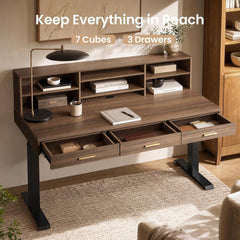 A dark wood desk with seven open storage cubbies and three drawers, staged with books, boxes, a lamp, and stationery.