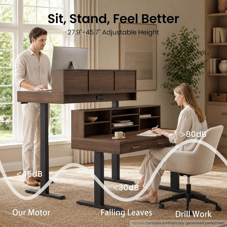 A man stands at a raised desk while a woman sits at a lower desk; overlaid text gives an adjustable height range and compares sound levels with a waveform graphic.