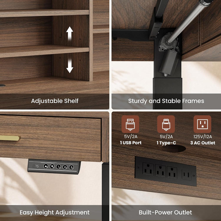 Four-panel graphic showing adjustable shelving, a desk frame mechanism, a height-control panel, and a built-in power strip with USB, USB-C, and AC outlets.