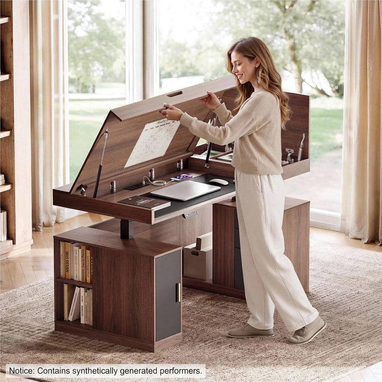 A woman holds open the hinged top of a brown desk with a laptop, mouse and phone on its work surface, with bookshelves and cabinets below.