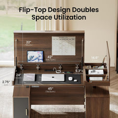 A flip-top desk is open, showing a raised panel, work surface, side storage, and white dimension markings.