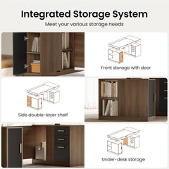 A collage shows a dark wood desk with open shelving, a front storage door and drawers, and under-desk storage, alongside line drawings highlighting the compartments.