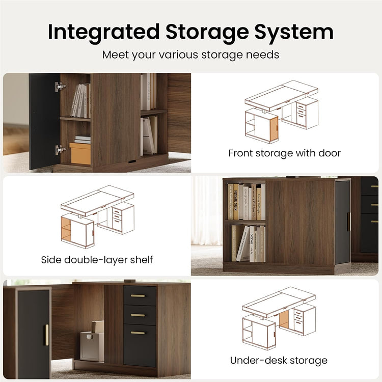 A collage shows a dark wood desk with open shelving, a front storage door and drawers, and under-desk storage, alongside line drawings highlighting the compartments.