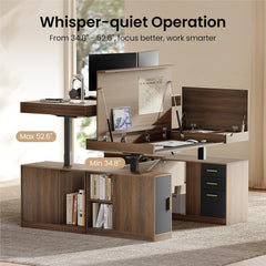 A height-adjustable desk with a raised monitor platform and open storage compartments; labels mark a minimum height of 34.8 inches and a maximum of 52.6 inches.