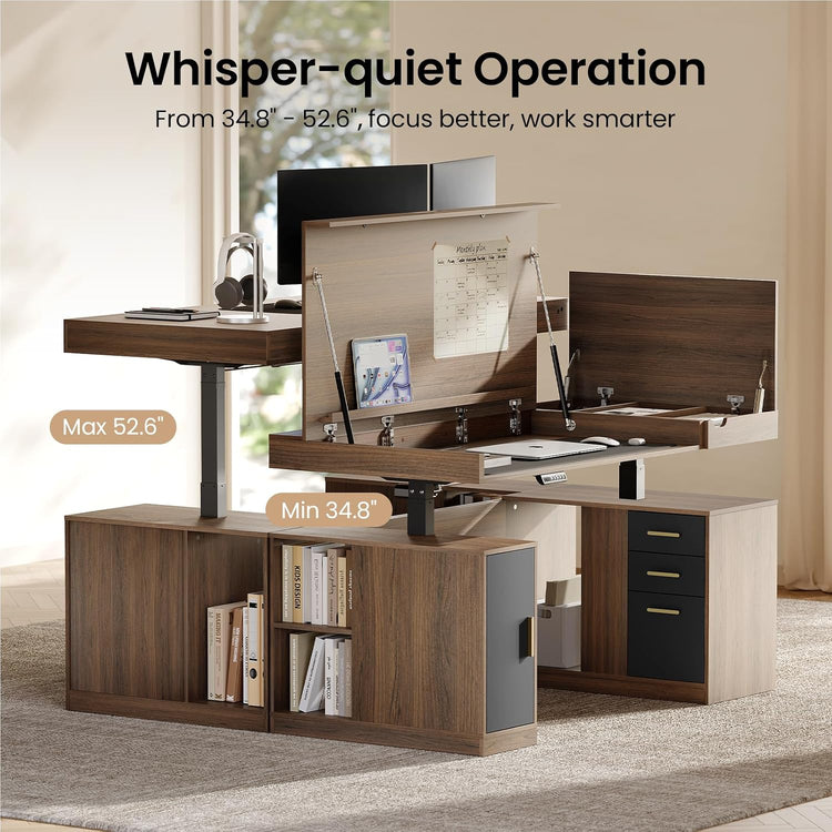 A height-adjustable desk with a raised monitor platform and open storage compartments; labels mark a minimum height of 34.8 inches and a maximum of 52.6 inches.