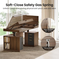 A wood-finish desk with a raised tilting work surface, shown with gas springs and close-up insets of a gas spring and hinge.