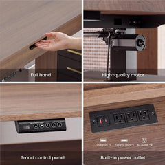 Four-panel collage showing a hand beneath a wooden desktop, an under-desk motor, a height-control panel, and a built-in outlet with USB, USB-C, and three AC sockets.