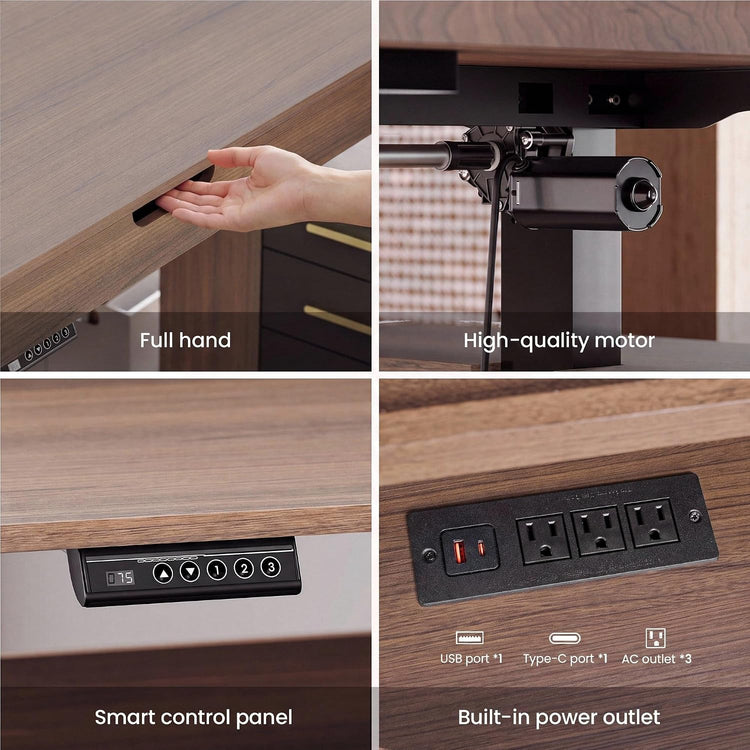 Four-panel collage showing a hand beneath a wooden desktop, an under-desk motor, a height-control panel, and a built-in outlet with USB, USB-C, and three AC sockets.