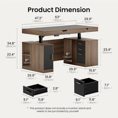 Dimension diagram of a desk with two drawer units, showing overall dimensions and separate measurements for two drawers.