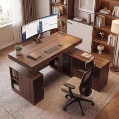 A wood desk with drawers and shelves is set up with a monitor, keyboard, mouse, notebook, and office chair in a study.