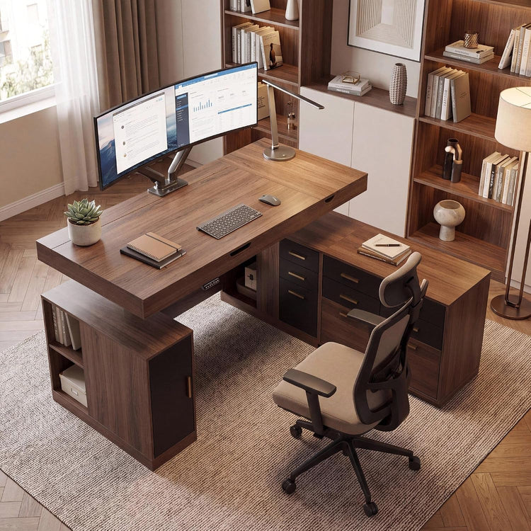 A wood desk with drawers and shelves is set up with a monitor, keyboard, mouse, notebook, and office chair in a study.