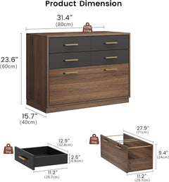 Product-dimension diagram showing a six-drawer cabinet labeled 31.4 in (80 cm) wide, 23.6 in (60 cm) high, and 15.7 in (40 cm) deep, with separate drawer and compartment views and measurements.