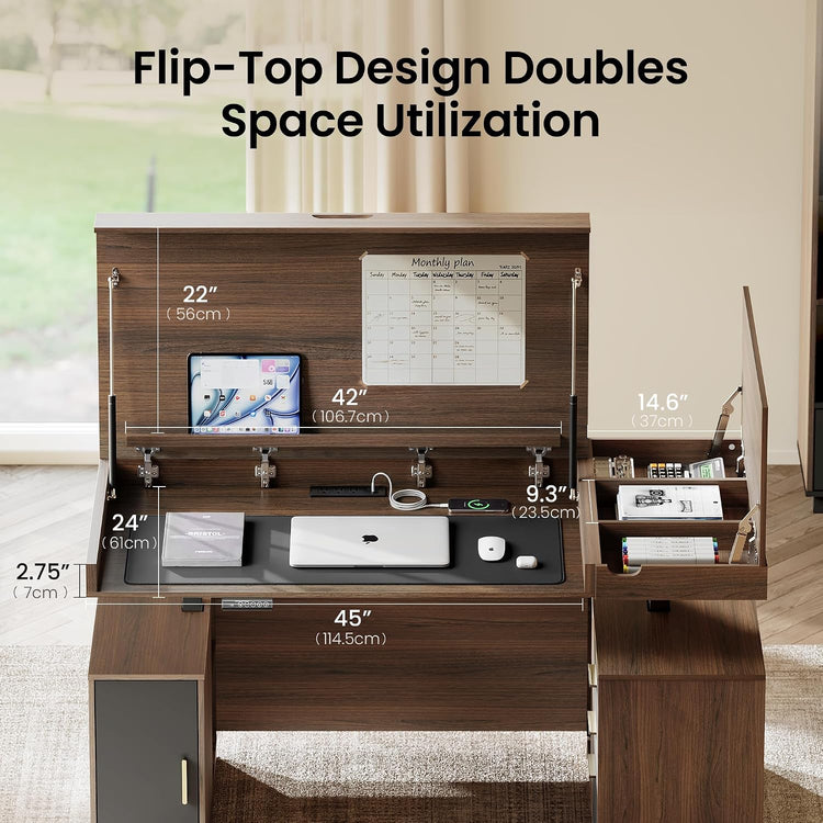 A wall-mounted desk with its flip-top open, showing a wide work surface, side storage shelves, and labeled dimensions in inches and centimeters.