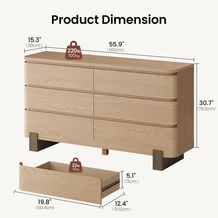 55.9 Inch 6 Drawer Dresser for Bedroom Chest of Drawers with Handleless Smooth Glide Drawers Natural Oak