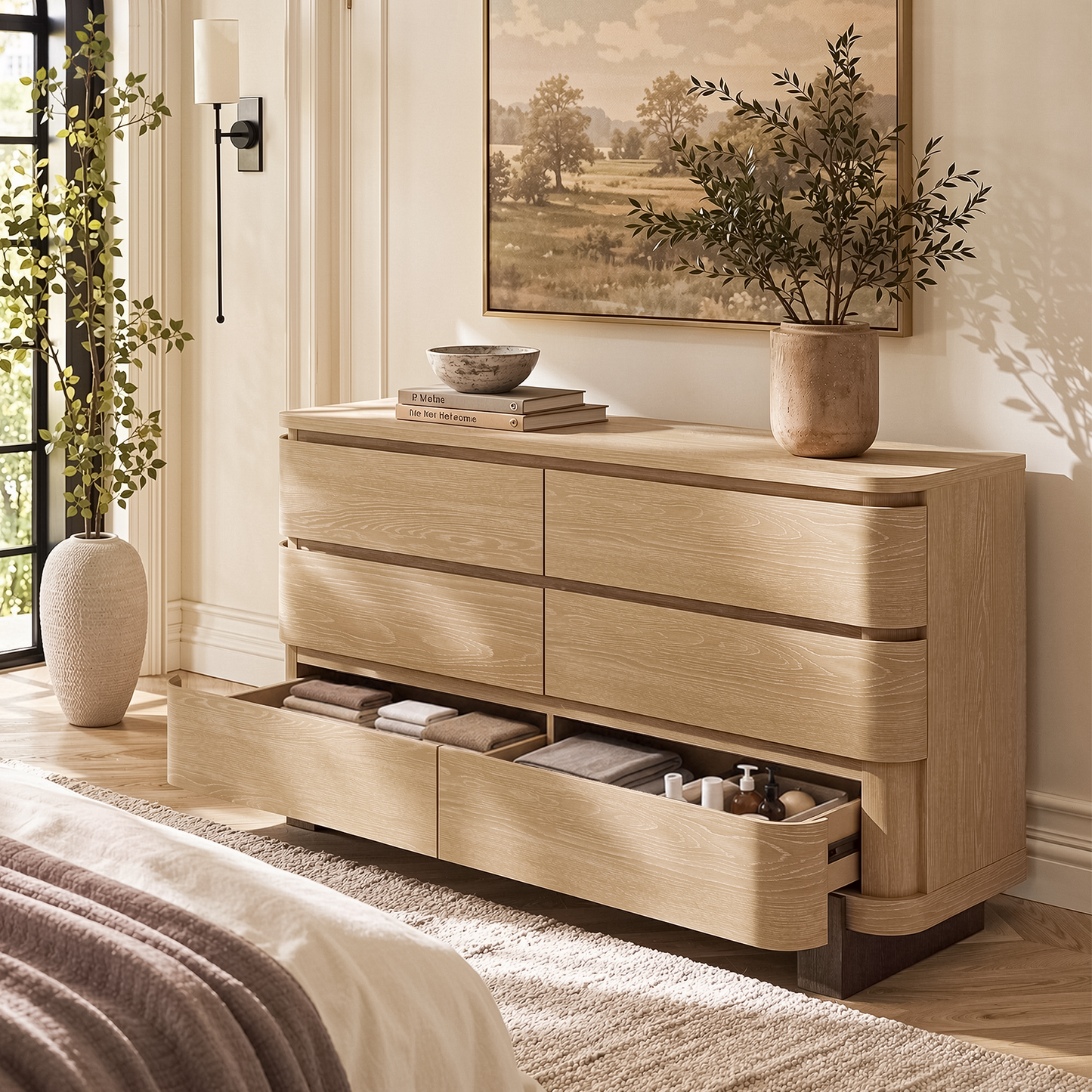 ModernMate 6 Drawer Dresser for Bedroom, 55.9 Inch Chest of Drawers with Handleless Smooth Glide Drawers, Modern Organic Dresser for Bedroom Storage, Natural Oak