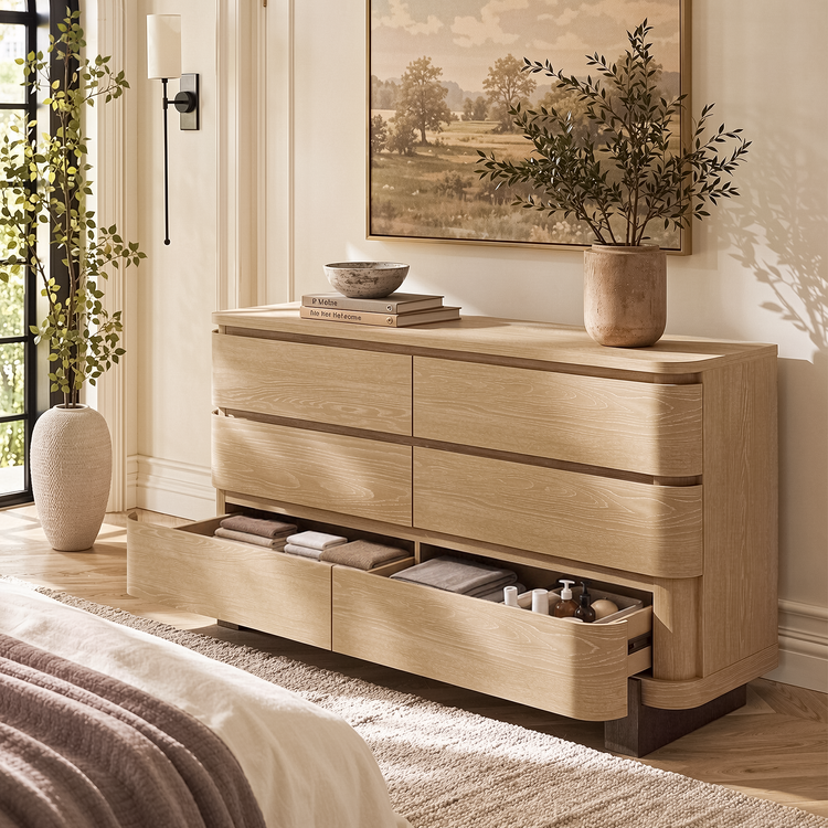 55.9 Inch 6 Drawer Dresser for Bedroom Chest of Drawers with Handleless Smooth Glide Drawers Natural Oak