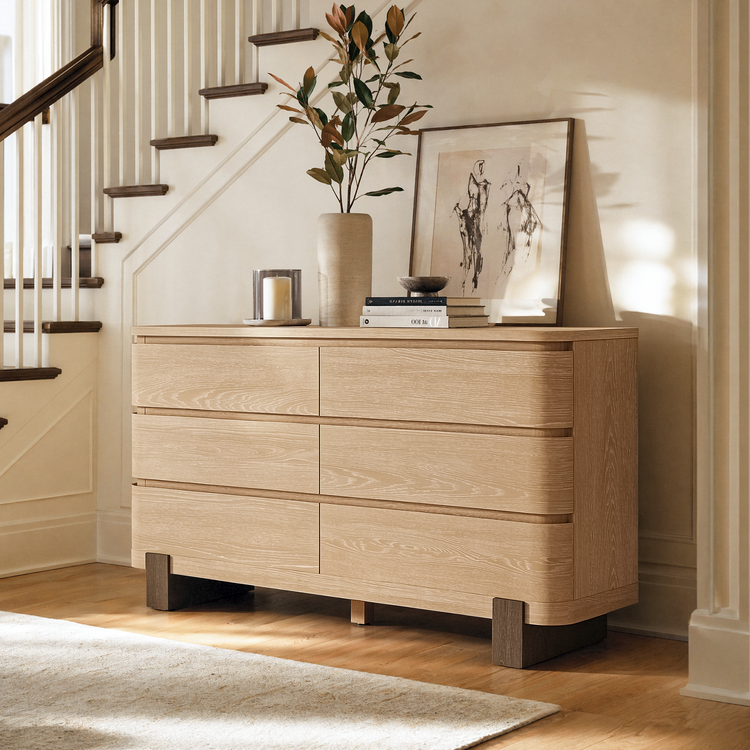 55.9 Inch 6 Drawer Dresser for Bedroom Chest of Drawers with Handleless Smooth Glide Drawers Natural Oak