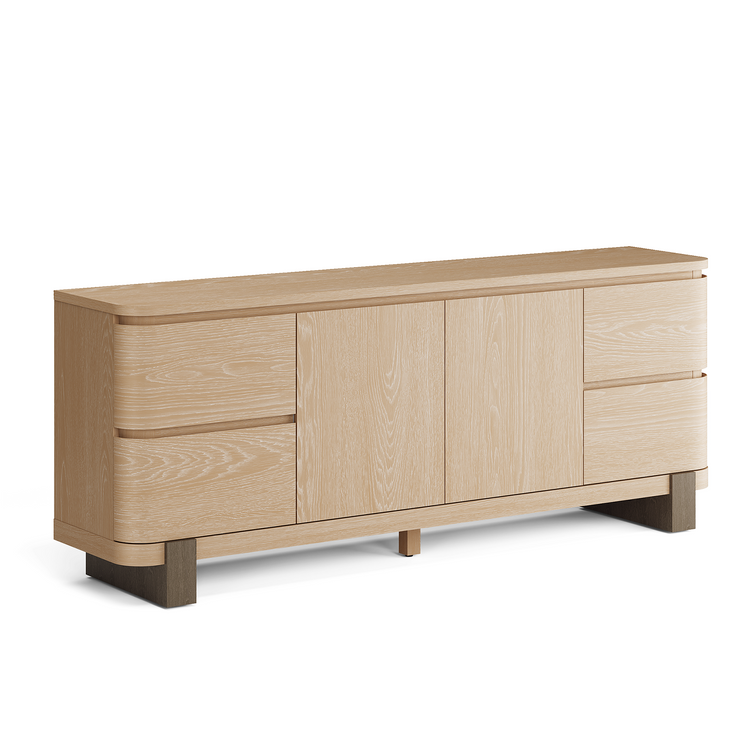 70" TV Stand Oak Veneer Media Console with 4 Drawers, 2 Cabinets and Adjustable Shelves
