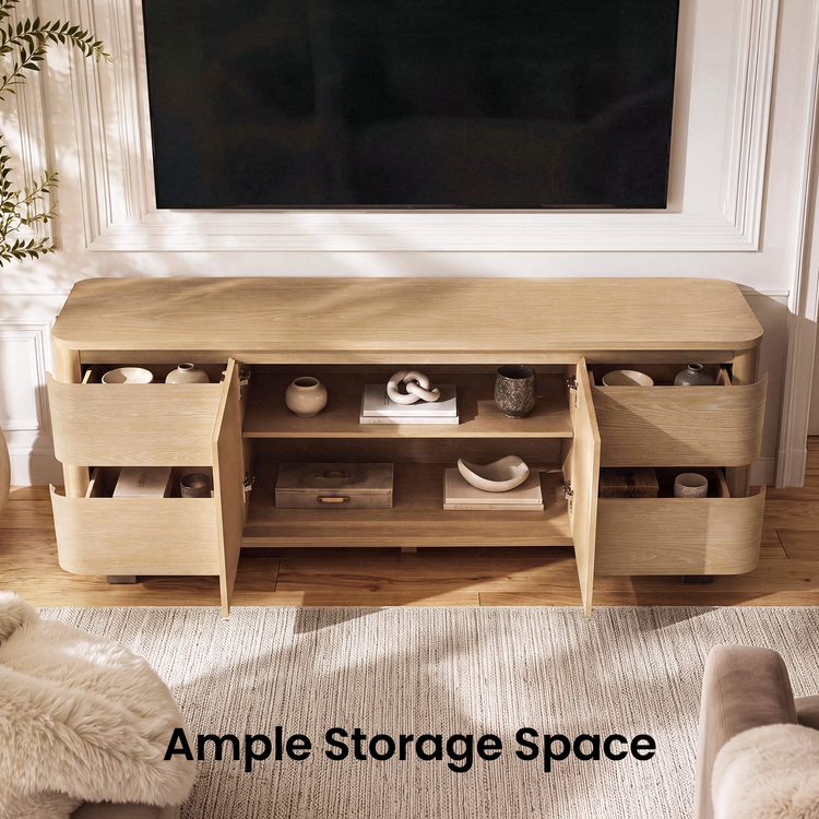 70" TV Stand Oak Veneer Media Console with 4 Drawers, 2 Cabinets and Adjustable Shelves