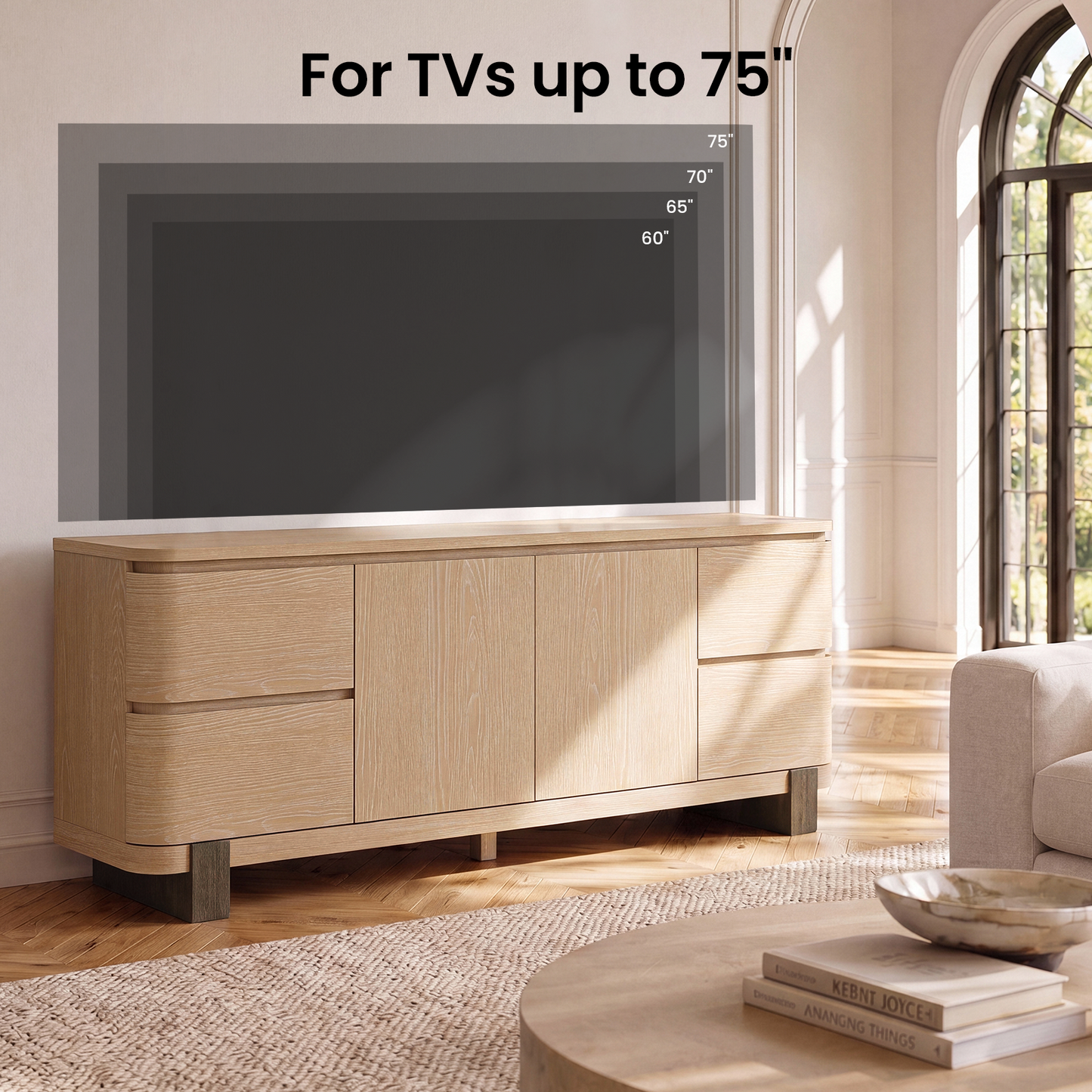 ModernMate 70" TV Stand for TVs Up to 75 Inch, Oak Veneer Media Console with 4 Drawers, 2 Cabinets and Adjustable Shelves, Modern Organic Handleless Entertainment Center, Natural Oak