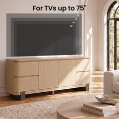 Wide wood-grain console has two center doors and four curved-front side drawers