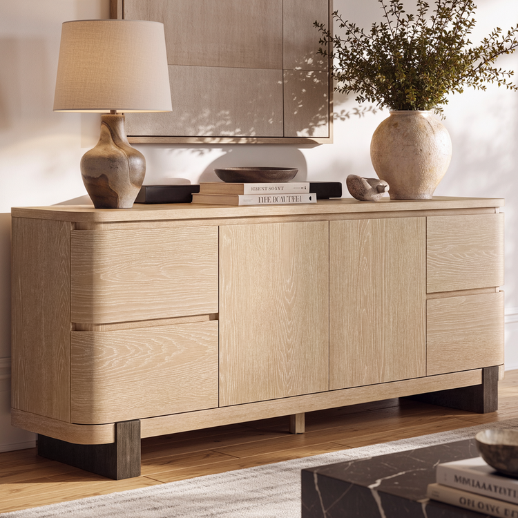 Light wood-toned sideboard has four drawers, two central doors, rounded corners, and dark block legs