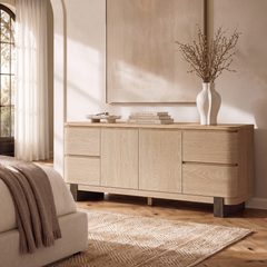 Long light wood-look sideboard with four drawers and two central doors