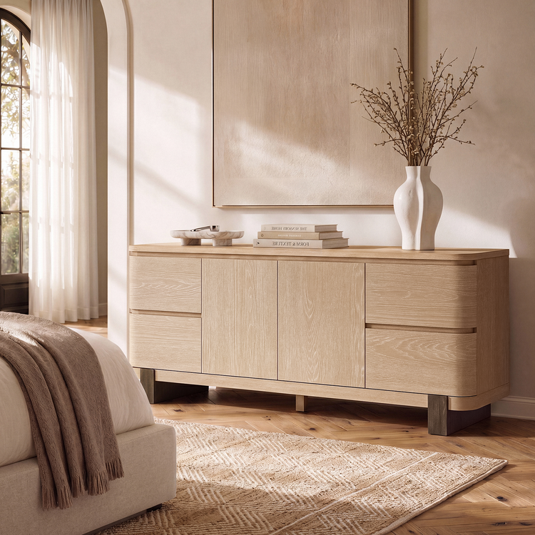 Long light wood-look sideboard with four drawers and two central doors