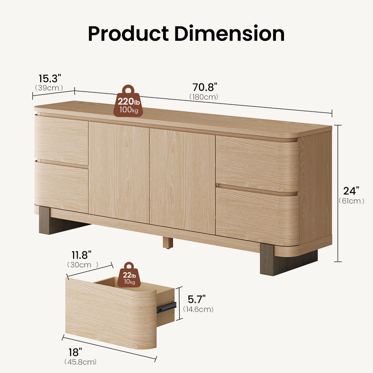 70" TV Stand Oak Veneer Media Console with 4 Drawers, 2 Cabinets and Adjustable Shelves
