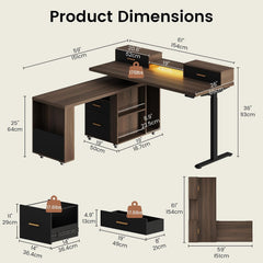 A dimension diagram shows a desk with drawers, shelves, and a raised right-hand surface, with labeled measurements and weight limits for the desk and drawer components.