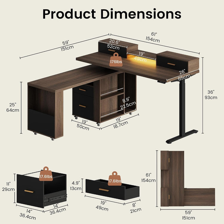 A dimension diagram shows a desk with drawers, shelves, and a raised right-hand surface, with labeled measurements and weight limits for the desk and drawer components.