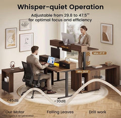 A height-adjustable desk is shown in a home office with a seated worker and a standing worker; labels mark minimum and maximum heights, and a sound-level graphic compares motor, falling leaves, and drill noise.
