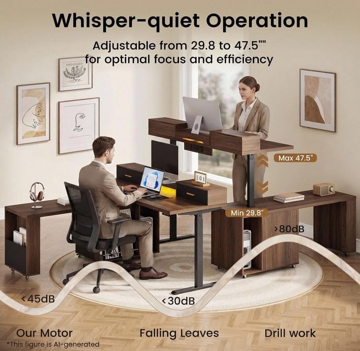 A height-adjustable desk is shown in a home office with a seated worker and a standing worker; labels mark minimum and maximum heights, and a sound-level graphic compares motor, falling leaves, and drill noise.