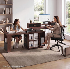 Two women work at a dark wood desk with a tablet, monitor, drawers, and open magazine shelves in a bright office.