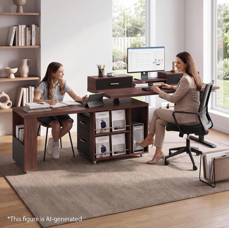 Two women work at a dark wood desk with a tablet, monitor, drawers, and open magazine shelves in a bright office.