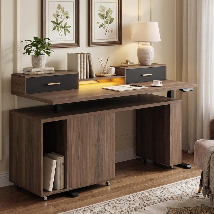 A dark wood desk with a raised, illuminated work surface, drawers, open shelving, and books, shown in a furnished room.