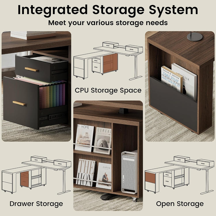 Collage of a wooden desk storage unit with drawers, open compartments holding books and a computer tower, plus line diagrams highlighting CPU, drawer, and open storage areas.