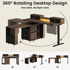 Diagram showing a dark wood desk rotating through three configurations, with a curved dashed arrow and numbered stages.