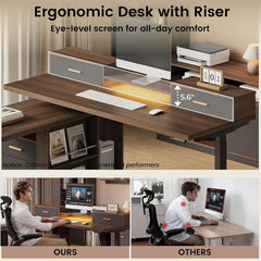A raised monitor stand sits above a desk, with a 5.6-inch height indicator; two lower panels compare a seated man using this setup with a man leaning toward a laptop.
