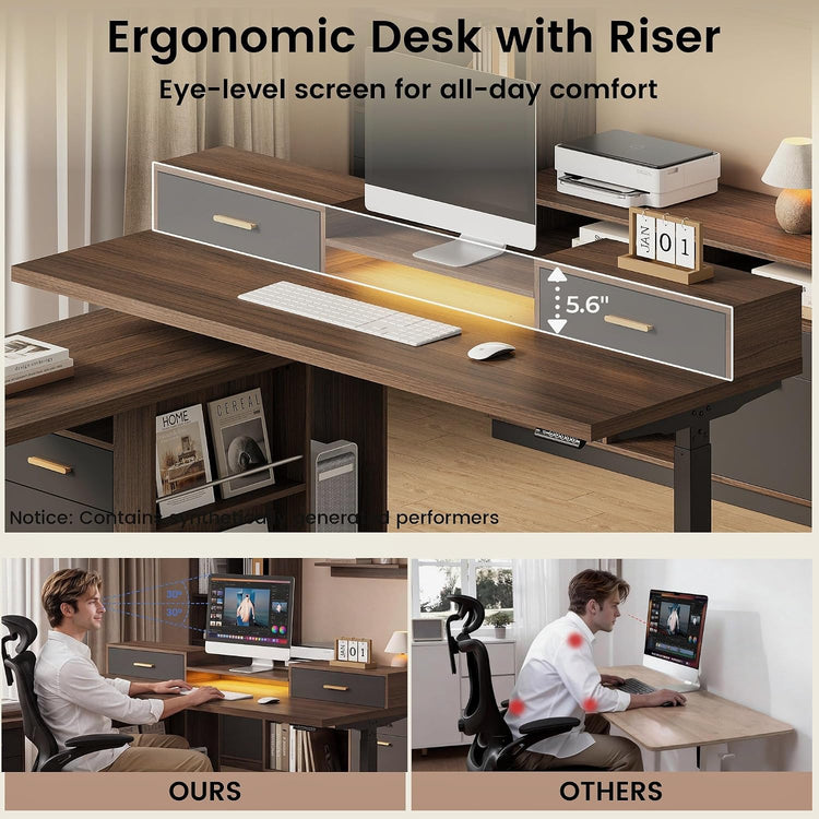 A raised monitor stand sits above a desk, with a 5.6-inch height indicator; two lower panels compare a seated man using this setup with a man leaning toward a laptop.