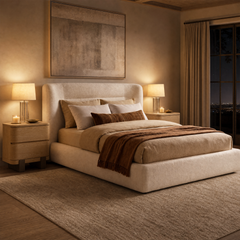 Upholstered beige bed with layered neutral bedding in a warmly lit bedroom