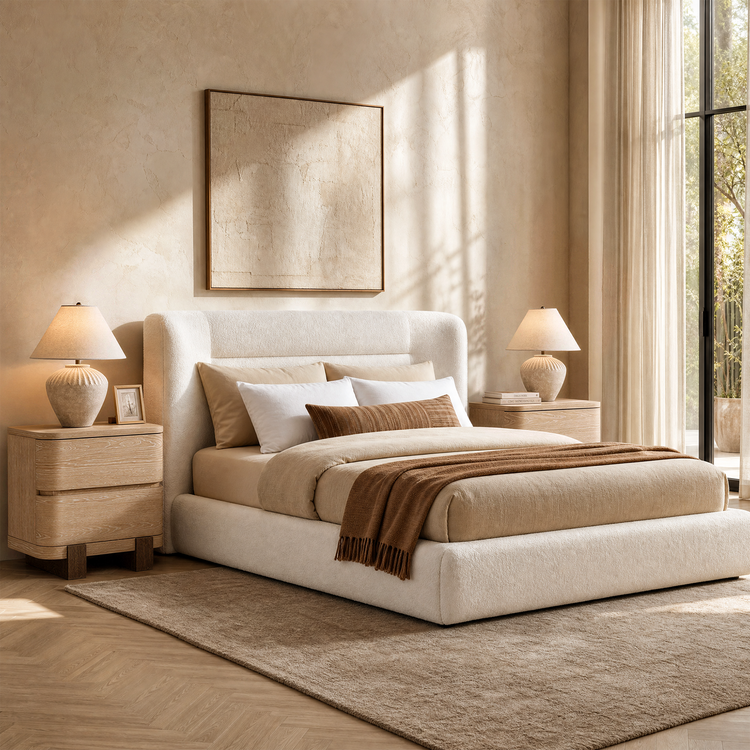 Cream upholstered bed with two nightstands in a bright bedroom