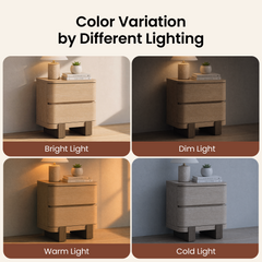 A four-panel comparison repeats the nightstand under different labeled lighting conditions