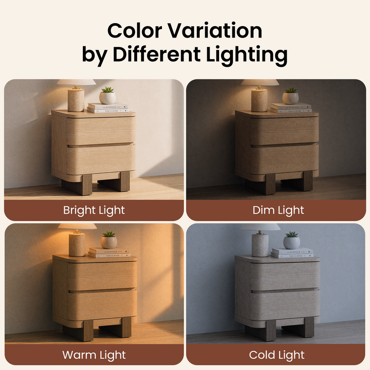 A four-panel comparison repeats the nightstand under different labeled lighting conditions