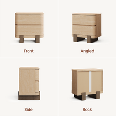 Four-panel graphic shows a two-drawer cabinet from front, angled, side, and rear views