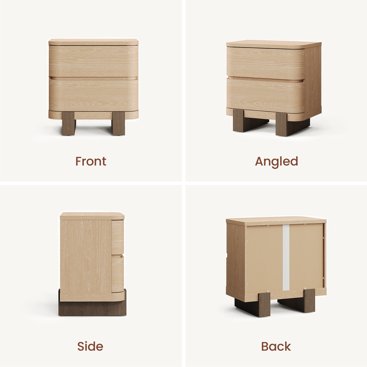 Four-panel graphic shows a two-drawer cabinet from front, angled, side, and rear views