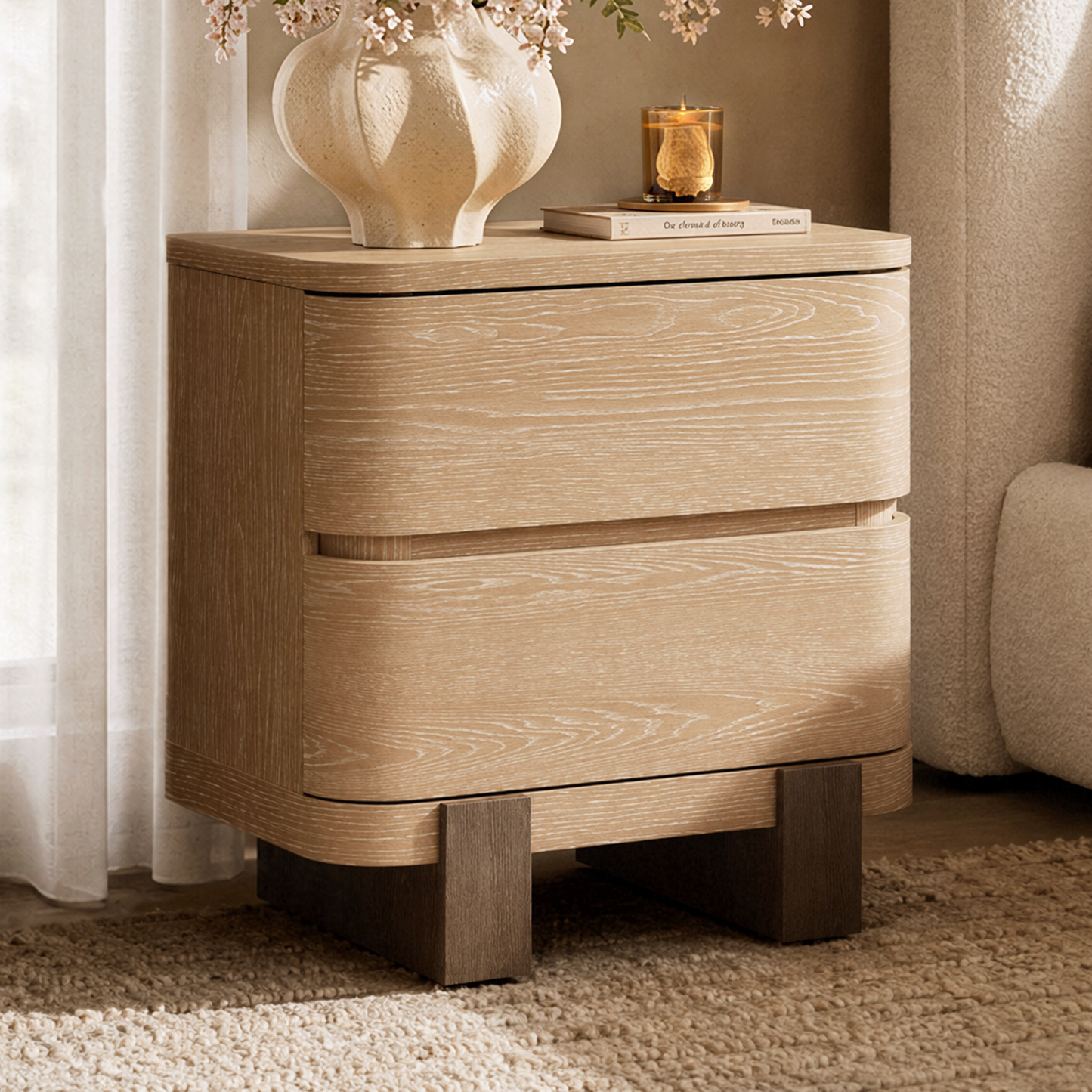 ModernMate Nightstand with 2 Drawers, 23.6" Large Bedside Table with Curved Front, Handle-Free Storage and Smooth Ball-Bearing Slides, Modern Organic End Table for Bedroom and Living Room